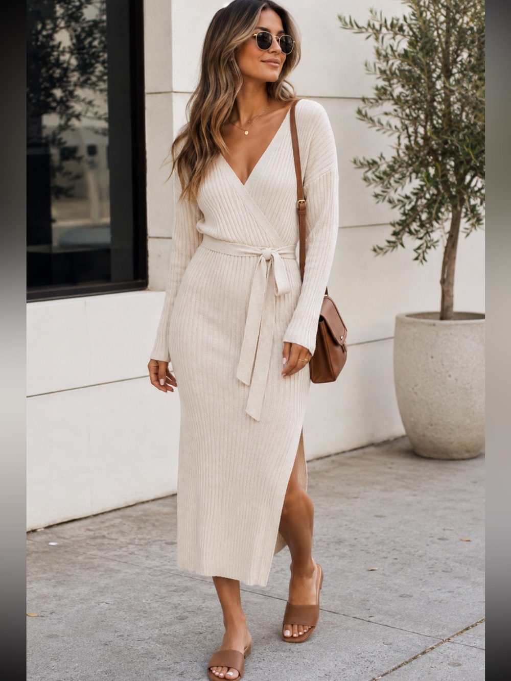 ASOS Ivory Rib Knit Sweater Dress Size 0 Wrap Tie Waist Long Sleeve Midi